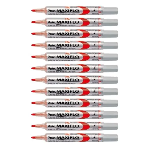 Pentel MWL5S-B Flüssigtinte Marker, 12 Stück rot - Weißwandstifte mit innovativem Pumpsystem für frische Tinte und kräftige Farben. Bis zu 3-mal längere Schreibleistung und belastbare Spitze, ideal für Über-Kopf-Schreiben.