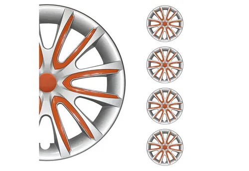 OMAC Radblenden 14 Zoll Grau Orange – 4er Set - Stylische Radblenden für 14 Zoll Stahlfelgen in Grau und Orange. Einfache Installation und waschstraßenfest – ideal für das Tuning Ihres Fahrzeugs!