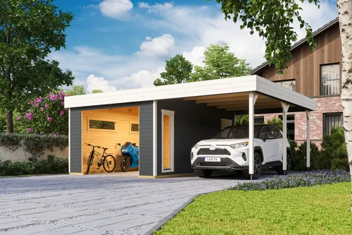 Lasita Garage Pultdach 44 mm Bahamas ohne Tor grau 680x560 cm - Gartenhaus mit 34.59 m² Nutzfläche, abschließbar und aus robustem Holz, ideal für die sichere Unterbringung von Fahrzeugen und Gartenutensilien.