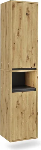 Vicco Hochschrank Viola, Artisan/Grau, 38 x 170 cm - Moderne Hochschrank für Ihr Badezimmer mit 2 Türen, 4 geschlossenen und 1 offenen Fach. Ideal für viel Stauraum und Ordnung. Kombinierbar mit weiteren Möbeln der Viola-Kollektion.
