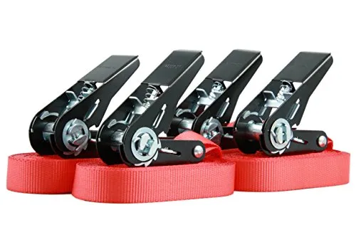 Sandax 4er-Set Zurrgurte mit Ratsche, langlebige Einteilige Spanngurte, Ratschengurte, Länge 4 Meter (4m), Breite 25mm, Farbe rot, Zertifiziert, belastbar bis 900kg, nach DIN EN 12195-2