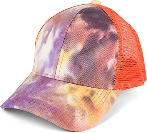 styleBREAKER Damen Ponytail Baseball Cap im Batik Look mit Mesh Einsatz, Basecap, Klettverschluss verstellbar 04023081, Farbe:Violett-Rose-Orange