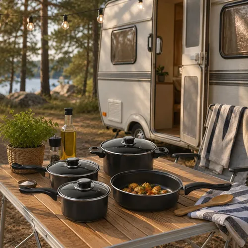 Camping Kochtopfset 7-teilig aus Aluminium - Brat- & Grillpfannen, leichtes und robustes Topfset für Gasherde, perfekt für Camping und Outdoor-Aktivitäten.