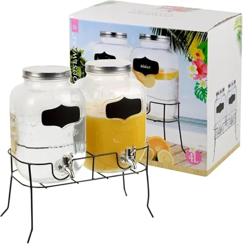 2er Set 4L Hochwertiger Getränke Spender aus Glas mit Ständer, Zapfhahn und Gestell Saftspender Dispenser Getränkespender Wasserspender Limonadenspender Trinkspender Schorle