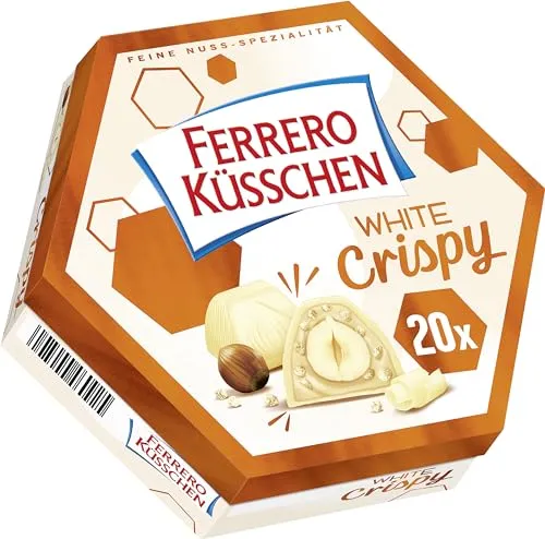 Ferrero Küsschen White Crispy – Knackig geröstete Haselnuss in heller Creme mit knusprigen Crispies, umhüllt von weißer Schokolade – 1 Packung à 20 Einzelpralinen