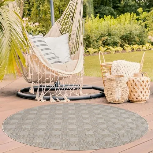 TT Home In-& Outdoorteppich Wetterfest Terrasse Balkon Esszimmer Geometrische Optik Boho Skandi Muster Unifarben Modern, Farbe:Beige Weiß Creme, Größe:80 cm Rund