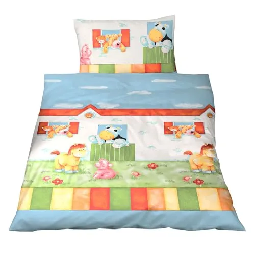 JACK Fein Biber Bettwäsche Baby 2 TLG. 100x135cm Hoftiere Bauernhof Bunt mit Reißverschluss