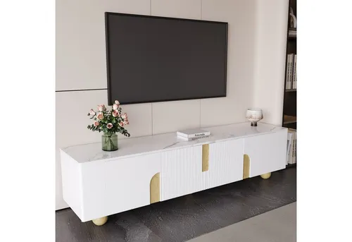 Odikalo TV-Schrank mit kugelförmigen Holzfüßen, 180 cm - Eleganter TV-Schrank in Weiß mit Marmoroptik-Oberfläche und vier Türen für optimalen Stauraum. Die stabilen Holzfüße setzen stilvolle Akzente und sorgen für Langlebigkeit im Wohnzimmer.