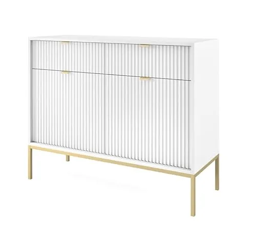 Emporius Zweitürige Sideboard 100 cm Galla - Sideboard mit Schubladen - Gold Griffen, geriffelten Fronten - Weiß + Gold