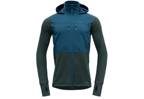 Devold Of Norway Herøy Hybrid Merino Jacke Blau M - Funktionsjacke für Herren, leicht, atmungsaktiv und winddicht, ideal für Outdoor-Aktivitäten mit praktischer, im Kragen verstauter Kapuze.