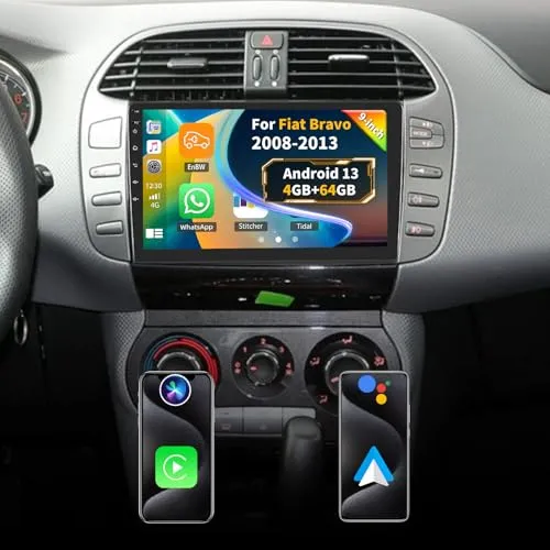 [4G+64G] Android 13 Autoradio mit Carplay Android Auto für FIAT Bravo 2008-2013 mit Bluetooth,9“ Touchscreen-Radio mit GPS WiFi FM/RDS EQ Mirror Link+Rückfahrkamera&Mic