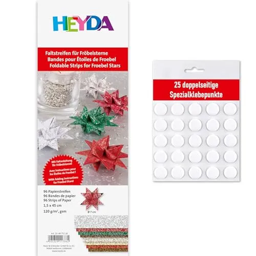 Heyda Faltstreifen für Fröbelsterne – 96 Streifen, 1,5×45 cm, 120 g/m² – beidseitig bedruckt – Bastelpapier Set für 24 Sterne – mit Anleitung – inklusive 25 Klebepunkte (bunt 1,5x45cm)