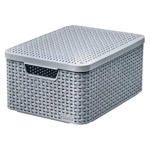 Curver Rattan Style Aufbewahrungsbox mit Deckel 18L, Aufbewahrungskorb, Kunststoff, Aus Recyclingmaterial in mindestens 70% (Hellgrau, M: 38,6 x 28,7 x 17 cm)