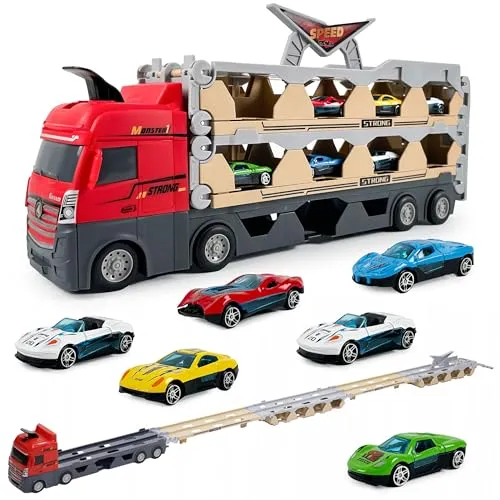 Transport Truck Spielzeugautos für Jungen - LKW - tragbares Rennbahn Truck 207cm, Spielzeugauto mit 6 Rennautos, Transporter Fahrzeug Spielzeug Set für Kinder ab 3, 4, 5, 6 Jahre