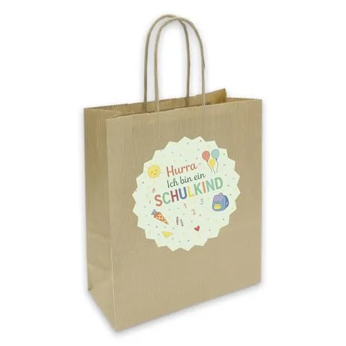 itenga Geschenkverpackung Einschulung Geschenktüte aus Papier inkl. Sticker Aufkleber Endlich Schulkind Tafel rund (Motiv Hurra ich bin ein Schulkind)
