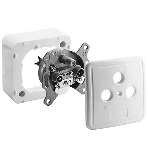 Universal Antennen Sat Dose Enddose für TV und Radio mit Rahmen und Abdeckung 75Ohm, 1 Koax Stecker männlich 1 Koax Buchse Kupplung weiblich u. 1 F-Buchse, geeignet für 3D SD HD FullHD UHD 4K, Weiss