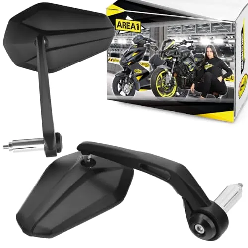 Area1 Premium Motorrad Lenkerendenspiegel Set - Hochwertige Motorrad-Seitenspiegel mit E-Prüfzeichen, cooler Look und flexibler Positionierung. Perfekt für eine Vielzahl von Modellen, inklusive 2 Jahre Austauschgarantie bei Defekt.