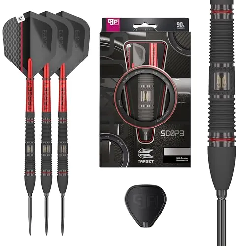 Target Scope Swiss Point Steeldarts Set, 90% Tungsten - Steel-Dartpfeile mit 90% Tungsten, konischem Barrel für optimalen Grip und Kontrolle, inklusive Swiss Point Tool für schnelles Wechseln der Spitzen.