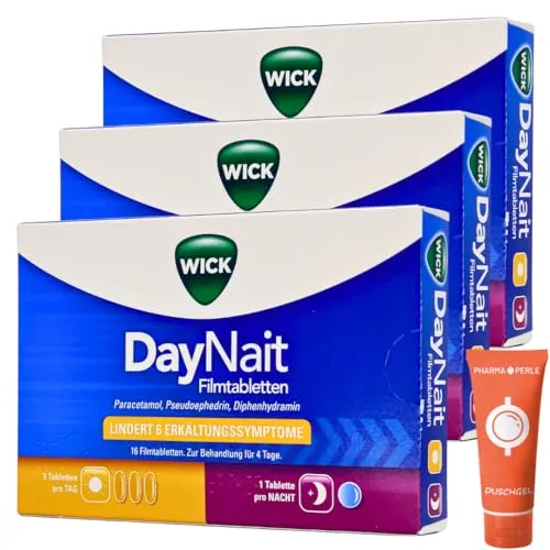 Wick DayNait Erkältungsmittel gegen Fieber, Kopfschmerzen, verstopfte Nase, laufende Nase, Gliederschmerzen I Sparset mit give-away von Pharma Perle (3 x 16 St.)