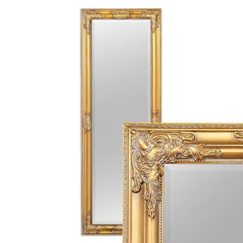 Eleganter Wandspiegel BESSA Gold antik 140x50cm - Dekorative Wandspiegel mit pompösem Holzrahmen und Facettenschliff, ideal für stilvolle Wohnräume. Vielseitig montierbar im Hoch- oder Querformat.