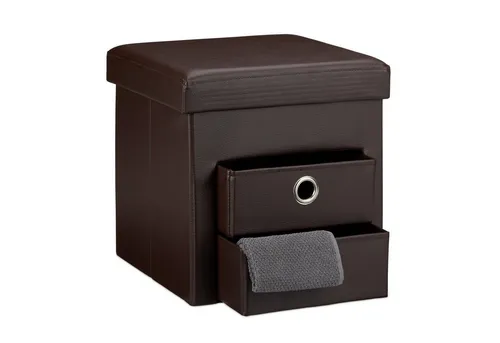relaxdays Sitzhocker aus Kunstleder mit 2 Fächern, Braun