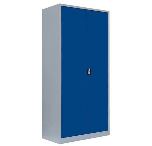 Lüllmann Metallschrank abschließbar Spind Lagerschrank PutzSpind grau/blau - Robuster Büroschrank mit abschließbarem 2-Wege-Schubstangenzylinderschloss, ideal für sichere Aufbewahrung und individuelle Innenaufteilung durch höhenverstellbare Einlegeböden.