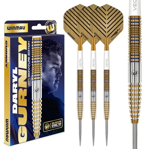 WINMAU Daryl Gurney Signature Edition 23g - Professionelles Stahldart-Set - Hochwertiges 23g Steeldart-Set mit 95 % Tungsten für optimale Balance und Kontrolle. Inklusive Flights und Shafts für verbesserte Aerodynamik und Zielgenauigkeit. Ideal für Training und Wettkämpfe.