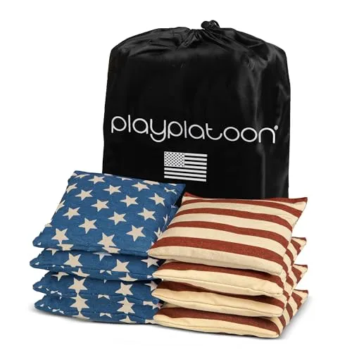 Play Platoon Wetterfeste Cornhole Bags Set mit 8 Stück – Amerikanische Flagge Maislochbeutel (Sterne & Streifen) – Outdoor-Wurf – Regulierung Größe und Gewicht