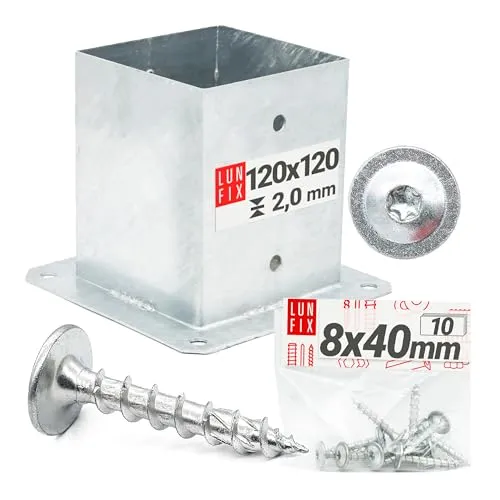Pfostenträger 120x120 mm mit Schrauben (10 Stk.) 8x40 mm – Aufschraubhülse für Holzpfosten, Bodenhülse, Pfostenschuh, Balkenschuhe, silberfarben, feuerverzinkt, Lun Fix