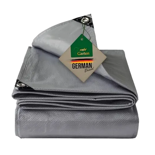 Mehr Garten Abdeckplane mit Aluminium-Ösen und verstärkten Ecken, PE Plane, 3x5 m, grau, Gewebeplane 260 g/m², Allzweckplane wasserdicht, reißfest und UV-beständig