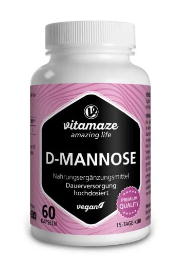 D-Mannose Kapseln hochdosiert & vegan, 2000 mg pro Tagesdosis, 60 Kapseln mit 500 mg pro Kapsel, Nahrungsergänzung ohne unnötige Zusatzstoffe, Made in Germany