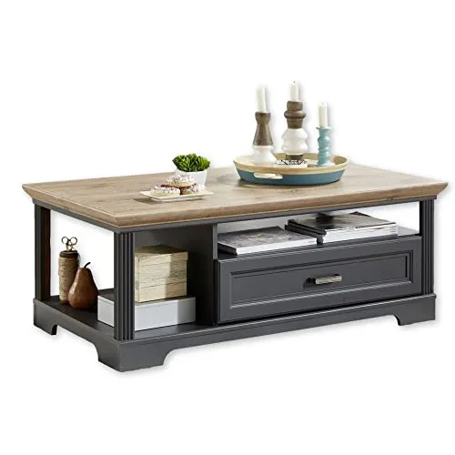 Stella Trading JASMIN Couchtisch - Artisan Eiche Optik, Graphit - Beistelltisch im Landhausstil mit viel Stauraum durch Schublade und Ablage, ideal für gemütliche Wohnbereiche. Maße: 120 x 45 x 67 cm (B/H/T).