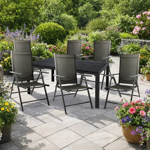 7tlg. Gartengarnitur Aluminium Anthrazit - Schwarz/Grau - Hochwertige 7tlg. Gartengarnitur mit modernem Design und robusten Materialien. Ideal für Terrasse und Garten, bietet hohen Sitzkomfort und ist pflegeleicht. Perfekt für gesellige Abende im Freien!