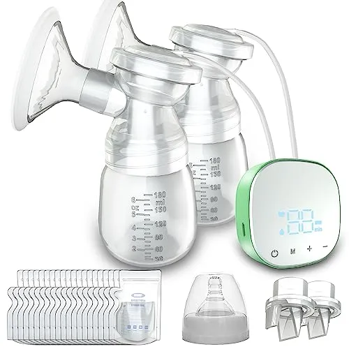 Milchpumpe Elektrisch,Doppel-Milchpumpe inkl. 20 Muttermilch Frischebeutel, Einzel-oder DoppelarbeitseinstellungAnti-Rückfluss,3 Abpump-Modi und 9 Intensitätsstufen, LED-Display,Easy to Milch Abpumpen