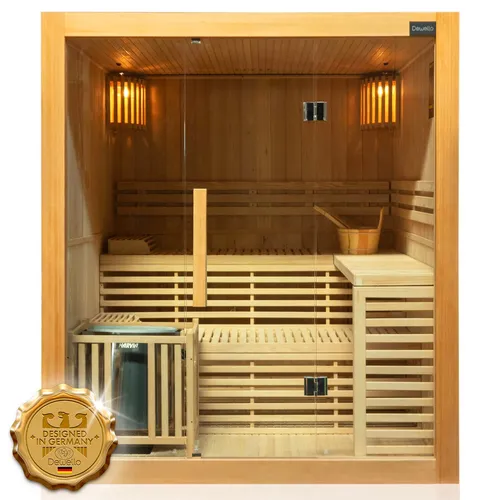 Dewello® Finnische Sauna SARNIA 180cm x 140cm mit 6 KW Harvia Ofen - Saunazubehör für ultimative Entspannung: Hochwertige SARNIA Saunakabine mit 6000W Harvia Ofen, Sicherheitsglas-Tür und umfangreichem Zubehör für das perfekte Saunaerlebnis.
