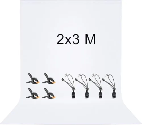 Vevelux Fotografie-Hintergrund 2 * 3 M, Foto Hintergrund aus 100% Polyester mit 4 große Studio Klemmen & 4 Tarp Clip, Weiß Screen für Fotostudio, Video und Fernsehen