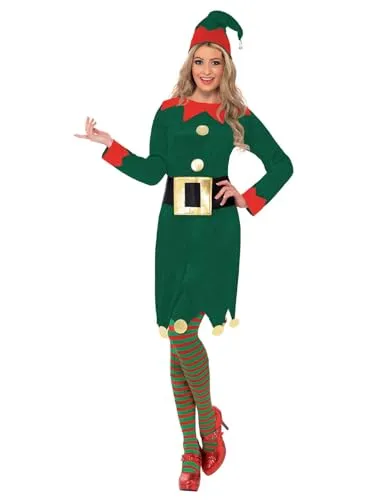 Elf Costume (L) - Damen Elfen Kostüm Größe L, bestehend aus Kleid, Mütze und Gürtel. Ideal für Karneval und Themenpartys, aus leichtem Material für hohen Tragekomfort. Perfekt für festliche Anlässe und Partnerkostüme!