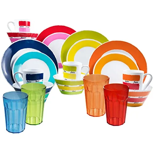 Melamin Camping Geschirrset für 4 Personen - 20 Teile - mit Trinkgläsern Bunt 630 ml - Campinggeschirr Essgeschirr modernes Campinggeschirr