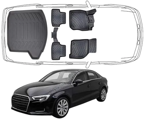 Trimak 3D Fussmatten & Kofferraumwanne Set für Audi A3 Sedan 8V (2013-2020) - Perfekte Passform dank 3D Laserscanning-Technologie. Hergestellt aus langlebigem, recycelbarem TPE-Material, widerstandsfähig bei extremen Temperaturen. Rutschfest und leicht zu reinigen, schützt Ihr Fahrzeug bei jedem Wetter.
