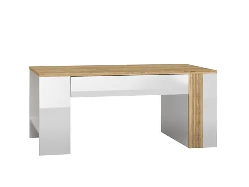 FURNLUX Adagio Couchtisch, Eiche & Hochglanz Reinweiß, 109 x 60 x 48 cm, mit Schublade und Ablage, Wohnzimmertisch, MDF & Spanplatte