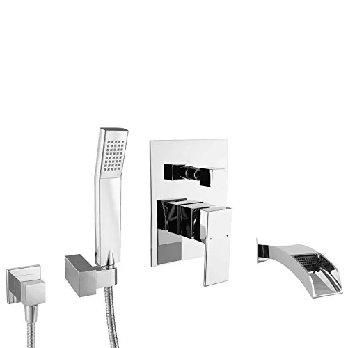 PaulGurkes eckiges Wannenset Komplett Schwalleinlauf Badewannen Unterputz Set Wasserfalleinlauf Wanneneinlass Design UP Armatur Montage Wandhalterung Wandanschlussbogen Wanneneinlauf