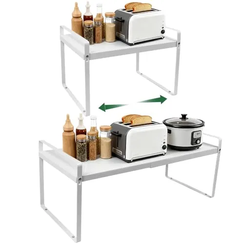 Zuxbolf Erweiterbarer Küchenregal Organizer Teleskop Schrankeinsatz Verstellbar Länge 34.5-62.5cm Regaleinsatz Stapelbar Küchenschrank Organizer Regal für Küche, Bad, Tischplatte, Sideboard, Weiß
