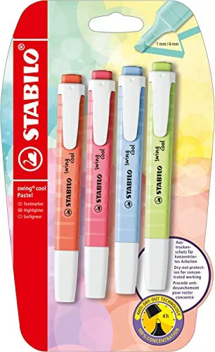 STABILO - Textmarker - swing cool Pastel - 4er Pack - Prise von Limette, Kirschblütenrosa, Wolkenblau, Korallrot