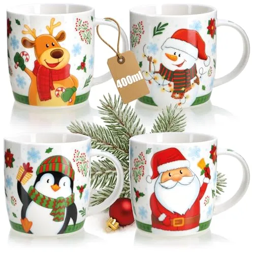com-four® 4x Kaffeebecher aus Keramik 400 ml - Kaffee-Tasse in weihnachtlichem Design - Kaffeepott für Kalt- und Heißgetränke - bunte Henkeltassen zur Adventszeit (Weihnachten - 400ml)
