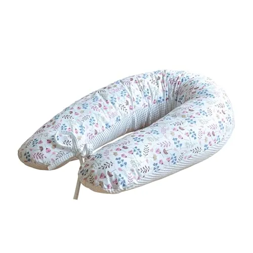 Loolay Stillkissen Waffelpique Blumen - XXL 170 cm für Schwangere und Seitenschläfer - Stillkissen aus atmungsaktiver Waffel- und glatter Baumwolle, ideal zur Entlastung von Rücken und Wirbelsäule während der Schwangerschaft und Stillzeit. Perfekt als Nest für Babys und Spielkissen für ältere Kinder.