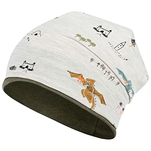 Smarilla Jungen Mütze Übergangsmütze Beanie Drachen Frühling Herbst Baumwolle, Größe: 50-52, Farbe: Drachen-Ecru