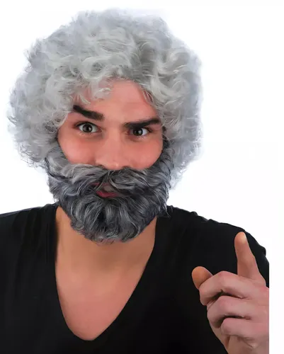 Graue Männerperücke mit Vollbart und Locken - Hochwertige graue Männerperücke mit voluminösen Locken und Vollbart. Ideal für Kostüme oder Verkleidungen. 100% Kunsthaar sorgt für einen natürlichen Look und hohen Tragekomfort.