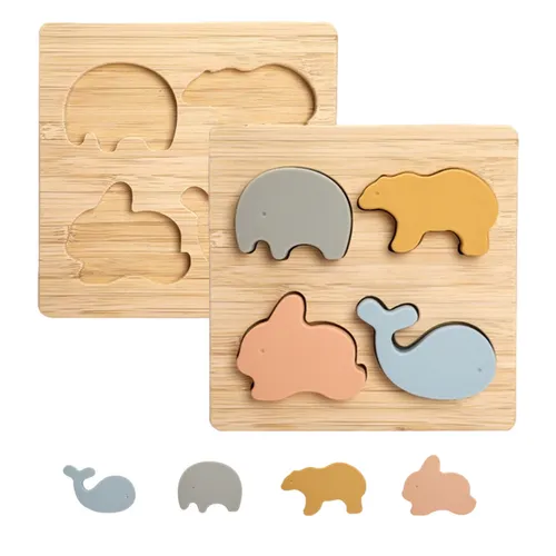 Montessori Holzpuzzle für Baby ab 1 Jahr Holz Silikon - Holz-Spielzeug BPA-frei