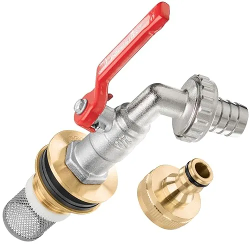Poppstar Wasserhahn für Regentonne (3/4 Zoll Regentonnendurchführung mit Kugelauslaufhahn Messing, Tülle, Schnellkupplung, Edelstahl-Saugkorb)