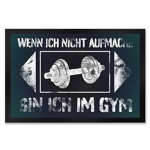 speecheese Fußmatte XXL 'Wenn ich nicht aufmache, bin ich im Gym' 50x75 cm - Witzige Fußmatte für Sportler und Bodybuilder mit Hantelmotiv. Ideal als Geschenk oder für den eigenen Eingangsbereich. Rutschfeste Unterseite sorgt für Sicherheit und verhindert Stolperfallen.